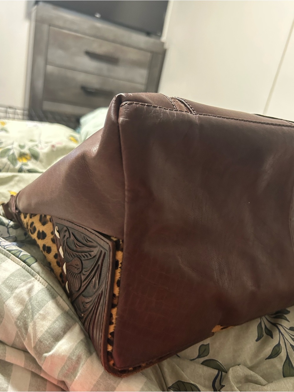 American Darling Leopard Print Tote with Tooled Brown Leather Trim - Picture 5 of 8